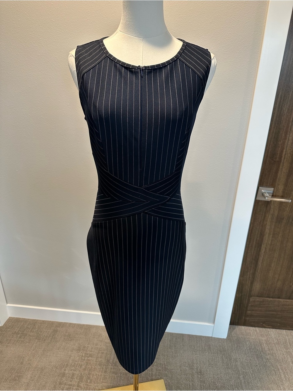 Classic Navy Pinstripe Sheath Dress
